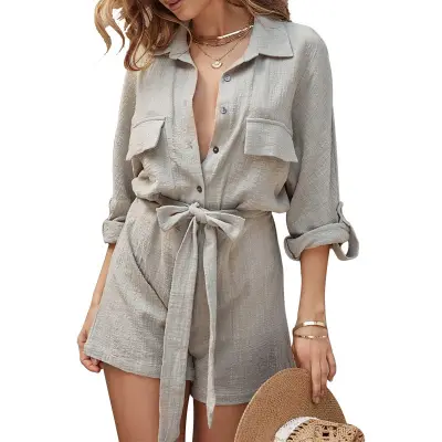 S-XL Women Loose Fit Cotton Linen Rompers for OL Commuting