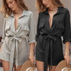 S-XL Women Loose Fit Cotton Linen Rompers for OL Commuting