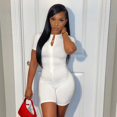 S-XXL Women Sexy Solid Color Zipper Short Sleeve Rompers