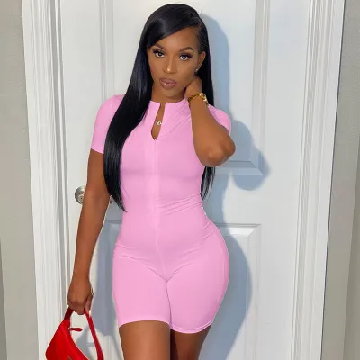 S-XXL Women Sexy Solid Color Zipper Short Sleeve Rompers