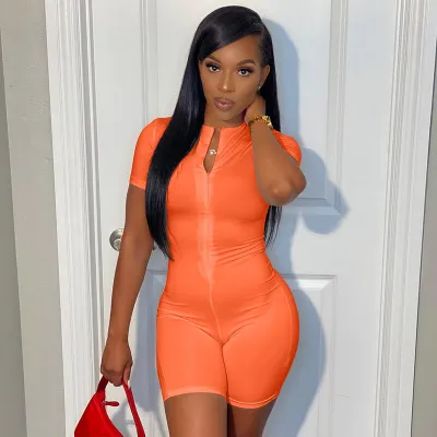 S-XXL Women Sexy Solid Color Zipper Short Sleeve Rompers