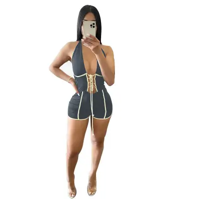 S-XL Women Sexy Halter Neck Lace-up Contrast Color Rompers