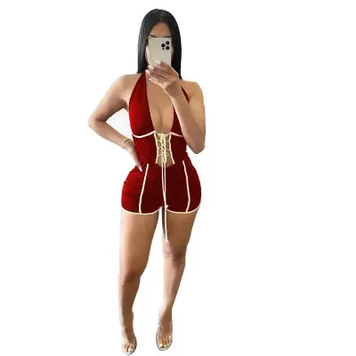 S-XL Women Sexy Halter Neck Lace-up Contrast Color Rompers