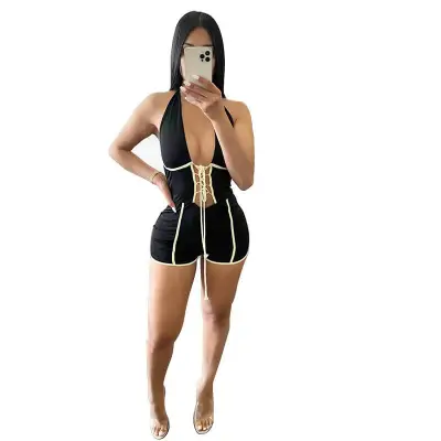 S-XL Women Sexy Halter Neck Lace-up Contrast Color Rompers