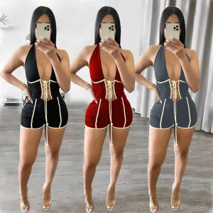 S-XL Women Sexy Halter Neck Lace-up Contrast Color Rompers