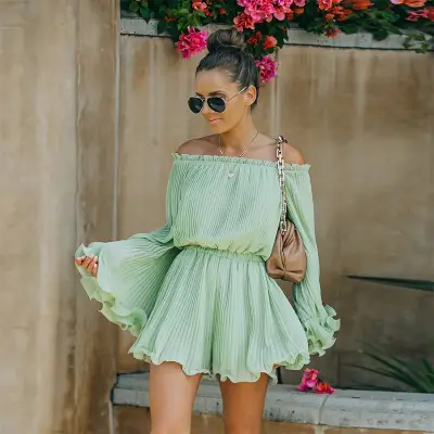 XS-2XL Women Casual Off-the-shoulder Pleated Ruffle Rompers