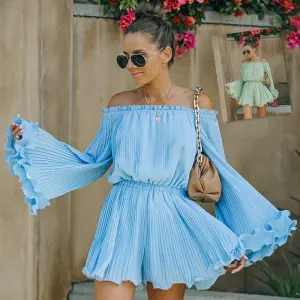 XS-2XL Women Casual Off-the-shoulder Pleated Ruffle Rompers
