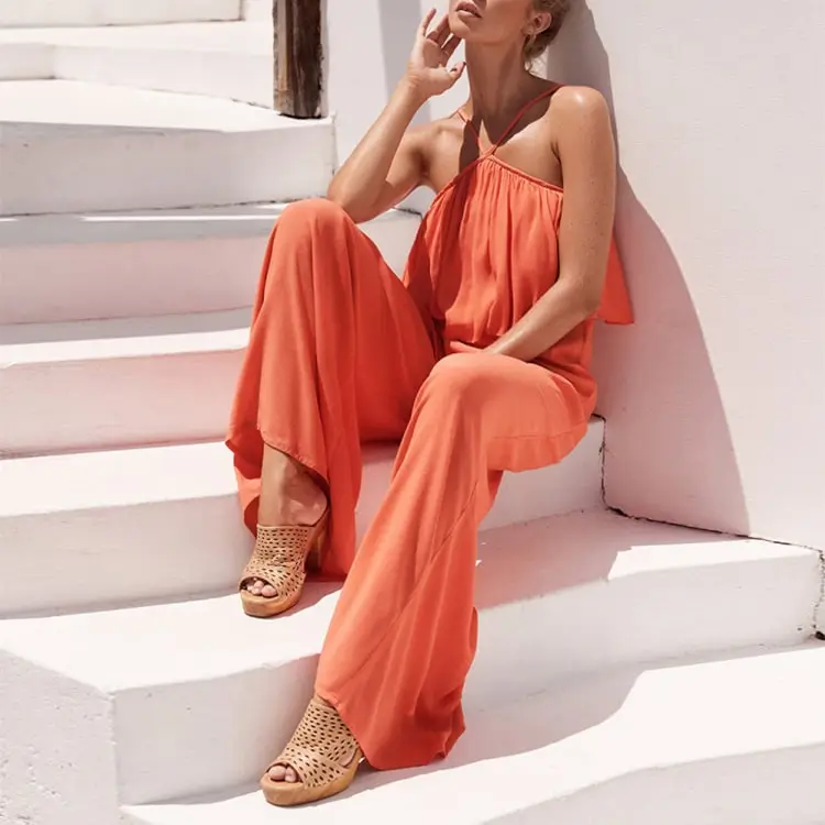 S-2XL Women Solid Color Halter Neck Jumpsuits Elegant Loose Fit