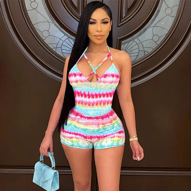 S-2XL Women Sexy Multicolor Tie Dye Off-Shoulder Rompers