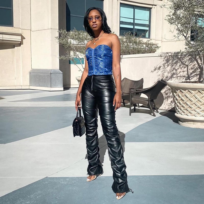 Wholesale S-L Women Sexy Solid Color Crease PU Leather Pants