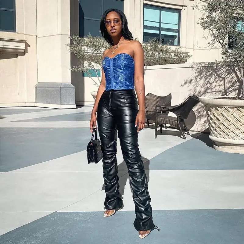 S-L Women Sexy Solid Color Crease PU Leather Pants