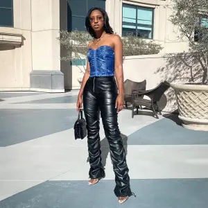 S-L Women Sexy Solid Color Crease PU Leather Pants