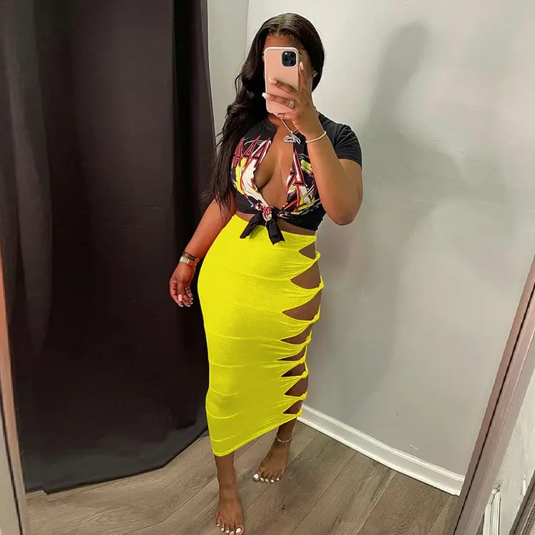 S-XL Women Sexy Solid Color Cut Out Pencil Skirt