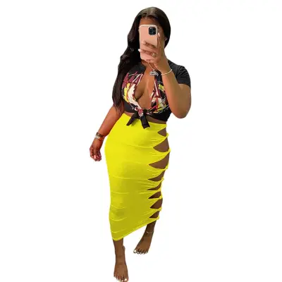 S-XL Women Sexy Solid Color Cut Out Pencil Skirt