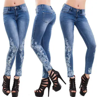 S-5XL Women Fashion High Waist Embroidered Skinny Jeans