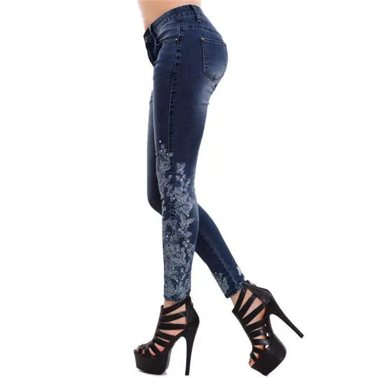 S-5XL Women Fashion High Waist Embroidered Skinny Jeans