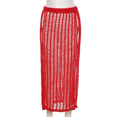 Women Solid Color Hollow Out Knit Pencil Skirt