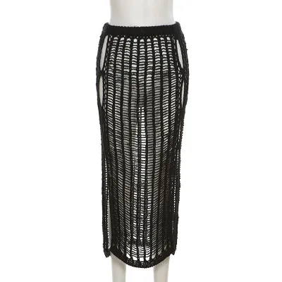 Women Solid Color Hollow Out Knit Pencil Skirt
