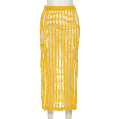 Women Solid Color Hollow Out Knit Pencil Skirt