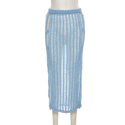 Women Solid Color Hollow Out Knit Pencil Skirt