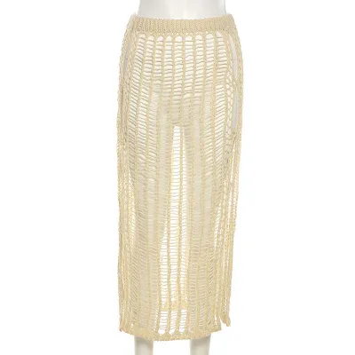 Women Solid Color Hollow Out Knit Pencil Skirt