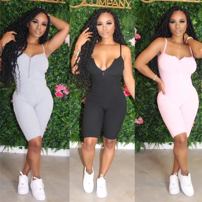 S-XXL Women Solid Color Front Zipper Spaghetti Strap Rompers