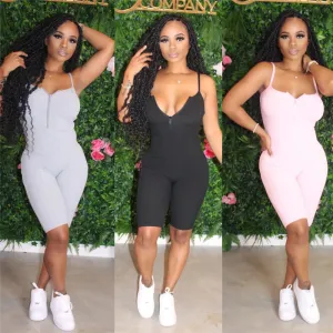 S-XXL Women Solid Color Front Zipper Spaghetti Strap Rompers