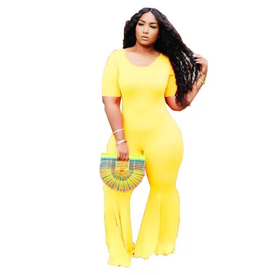 S-4XL Women Bright Color O-Neck Short Sleeve Flare Jumpsuits