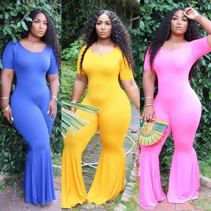 S-4XL Women Bright Color O-Neck Short Sleeve Flare Jumpsuits