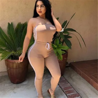 S-XL Women Fashion Off-the-shoulder Jumpsuits with Drawstring Waist