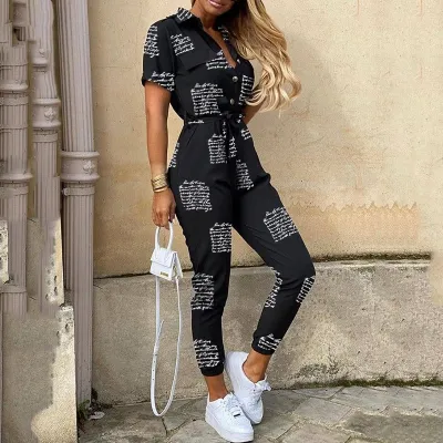 S-XXL Women Casual Lapel Short Sleeve High Waist Striped Jumpsuits