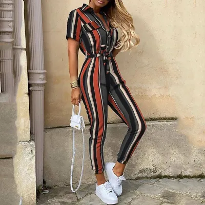 S-XXL Women Casual Lapel Short Sleeve High Waist Striped Jumpsuits
