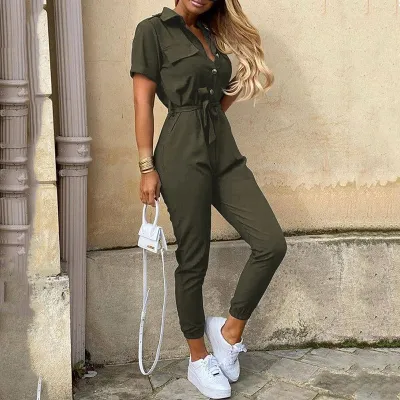 S-XXL Women Casual Lapel Short Sleeve High Waist Striped Jumpsuits