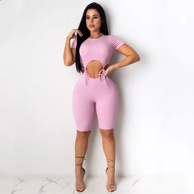 S-XXL Women Sexy Solid Color Self-Tie Cut-Out Rompers