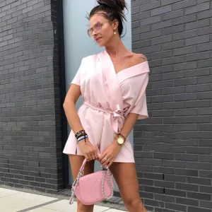 S-XXL Women Solid Color Casual Short-sleeve Surplice Rompers