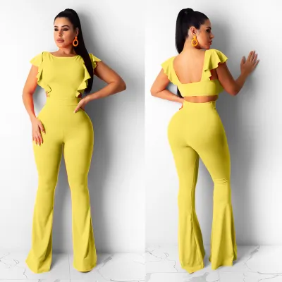 S-XL Women Casual Solid Color Ruffled Flare Romper Jumpsuits