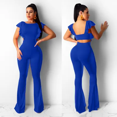 S-XL Women Casual Solid Color Ruffled Flare Romper Jumpsuits