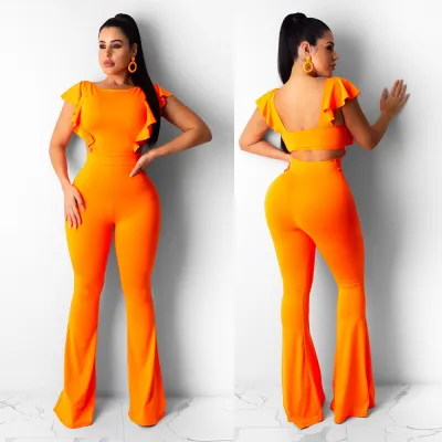 S-XL Women Casual Solid Color Ruffled Flare Romper Jumpsuits