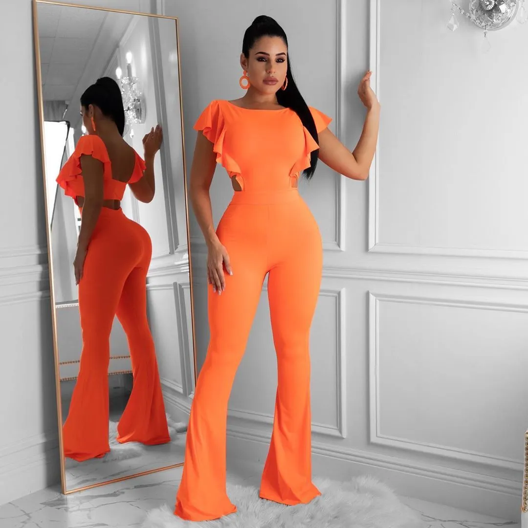 S-XL Women Casual Solid Color Ruffled Flare Romper Jumpsuits