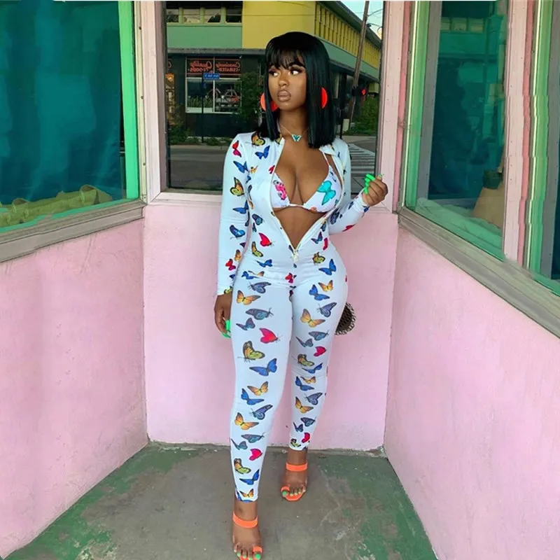 S-XXL Women Sexy Butterfly Print Front Zipper Long Sleeve Jumpsuits