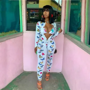 S-XXL Women Sexy Butterfly Print Front Zipper Long Sleeve Jumpsuits