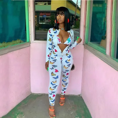 S-XXL Women Sexy Butterfly Print Front Zipper Long Sleeve Jumpsuits