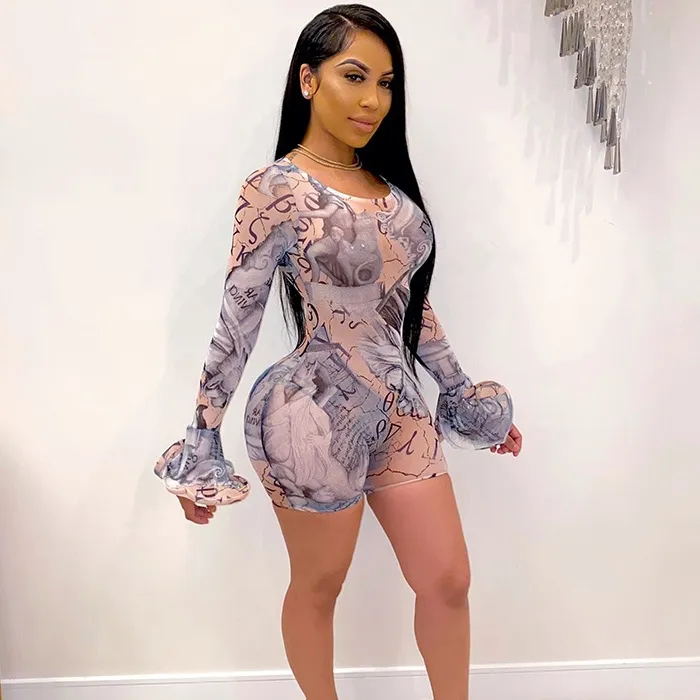 S-XXL Women Sexy Printed Sheer Mesh Flared Sleeves Rompers