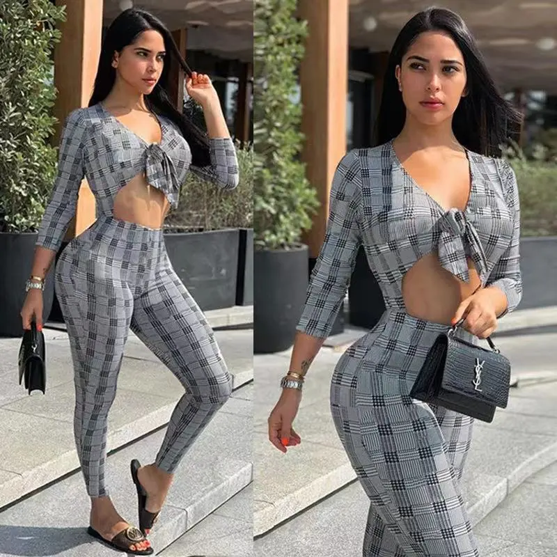 S-XXL Women V-Neck Hollow Out Lace Up Plaid Jumpsuits