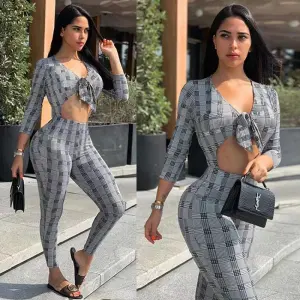 S-XXL Women V-Neck Hollow Out Lace Up Plaid Jumpsuits