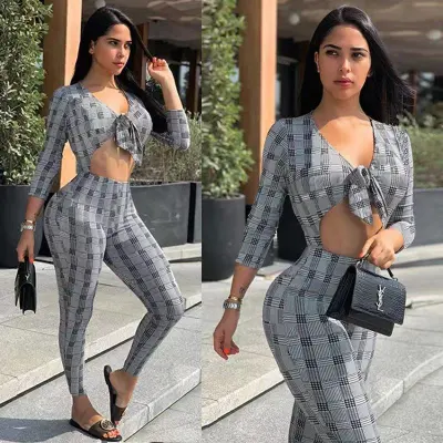 S-XXL Women V-Neck Hollow Out Lace Up Plaid Jumpsuits