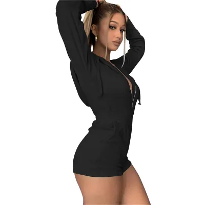S-XXL Women Urban Leisure V-Neck Zipper Drawstring Waist Rompers
