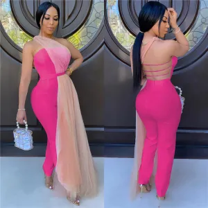 S-XXL Women Sexy Backless Lace Up Mesh Romper Jumpsuit