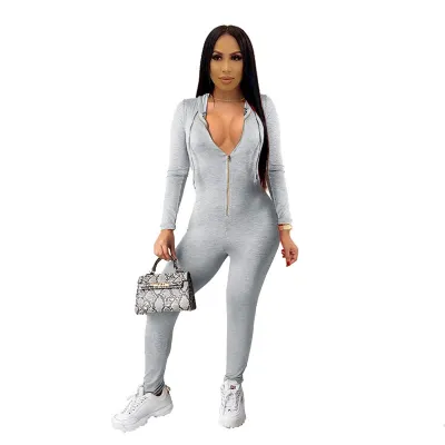 S-XXL Women Sexy Solid Color Zipper Hoodie Jumpsuit