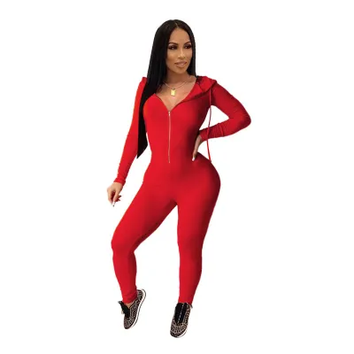 S-XXL Women Sexy Solid Color Zipper Hoodie Jumpsuit